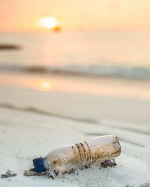 A used plastic bottle that washed up on a beach with a sunset in the background